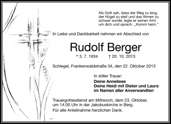 Traueranzeige von Rudolf Berger von Frankenpost