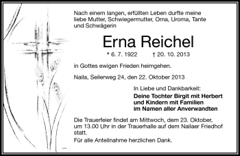 Traueranzeige von Erna Reichel von Frankenpost