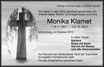 Traueranzeige von Monika Klamet von Frankenpost