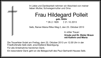 Traueranzeige von Hilfegard Polleit von Frankenpost