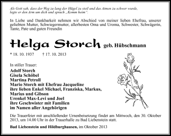 Traueranzeige von Helga Storch von Südthüringer Presse
