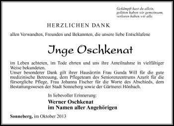 Traueranzeige von Inge Oschkenat von Südthüringer Presse