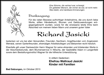 Traueranzeige von Richard Jasicki von Südthüringer Presse