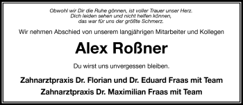 Traueranzeige von Alex Roßner von Frankenpost