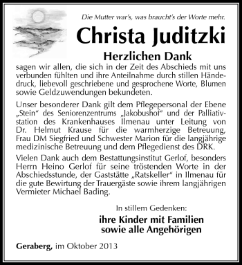 Traueranzeige von Christa Juditzki von Südthüringer Presse