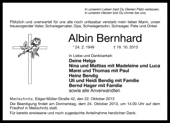 Traueranzeige von Albin Bernhard von Neue Presse Coburg