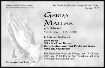 Traueranzeige von Gerda Mallee von Südthüringer Presse