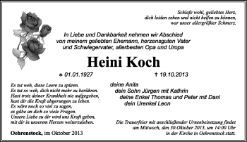 Traueranzeige von Heini Koch von Südthüringer Presse