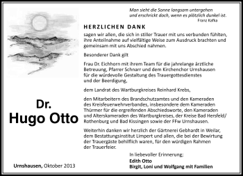 Traueranzeige von Hugo Otto von Südthüringer Presse