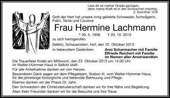 Traueranzeige von Hermine Lachmann von Frankenpost