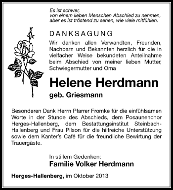 Traueranzeige von Helene Herdmann von Südthüringer Presse