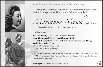Traueranzeige von Marianne Nitsch von Südthüringer Presse