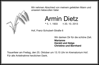 Traueranzeige von Armin Dietz von Frankenpost