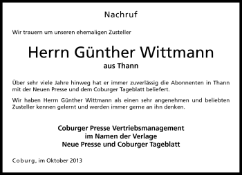 Traueranzeige von Günther Wittmann von Neue Presse Coburg