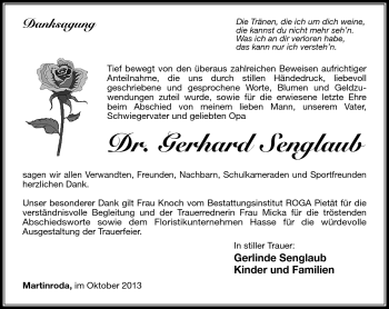 Traueranzeige von Gerhard Senglaub von Südthüringer Presse