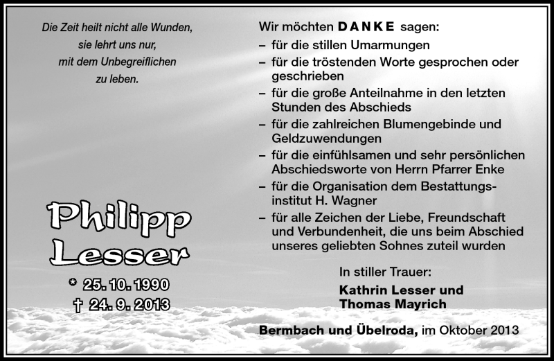  Traueranzeige für Philipp Lesser vom 26.10.2013 aus Südthüringer Presse