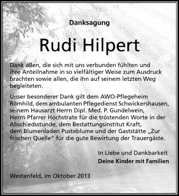 Traueranzeige von Rudi Hilpert von Südthüringer Presse