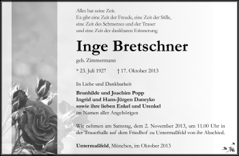 Traueranzeige von Inge Bretschner von Südthüringer Presse
