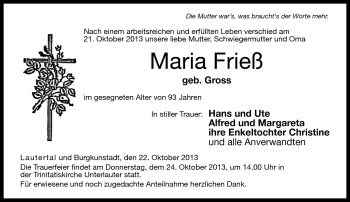 Traueranzeige von Maria Frieß von Neue Presse Coburg