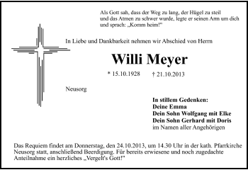 Traueranzeige von Willi Meyer von Frankenpost