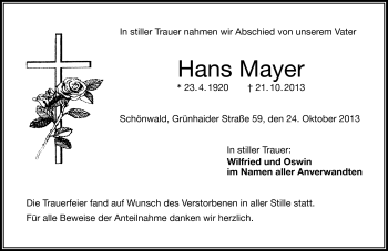 Traueranzeige von Hans Mayer von Frankenpost