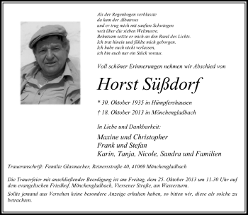 Traueranzeige von Horst Süßdorf von Südthüringer Presse