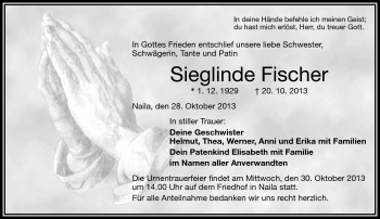 Traueranzeige von Sieglinde Fischer von Frankenpost