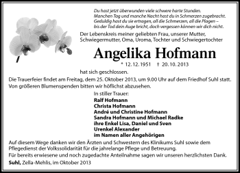 Traueranzeige von Angelika Hofmann von Südthüringer Presse