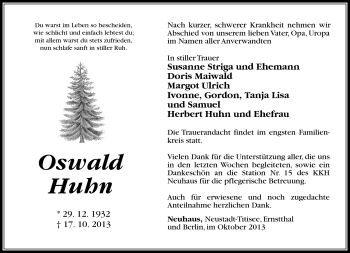 Traueranzeige von Oswald Huhn von Südthüringer Presse