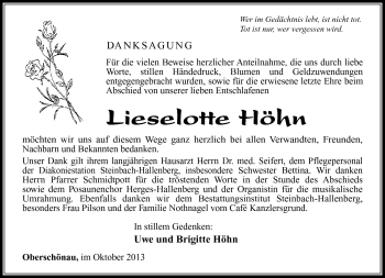 Traueranzeige von Lieselotte Höhn von Südthüringer Presse