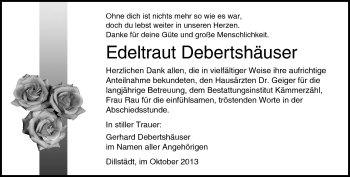 Traueranzeige von Edeltraut Debertshäuser von Südthüringer Presse