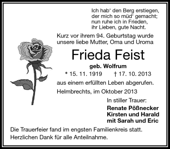 Traueranzeige von Frieda Feist von Frankenpost