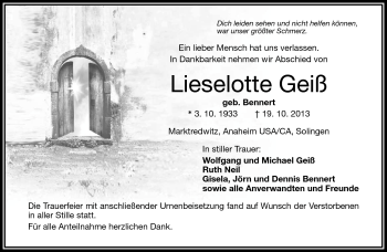 Traueranzeige von Lieselotte Geiß von Frankenpost