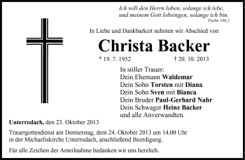 Traueranzeige von Christa Backer von Neue Presse Coburg