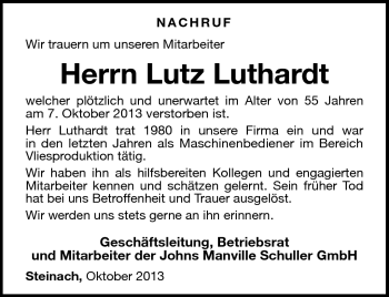 Traueranzeige von Lutz Luthardt von Südthüringer Presse