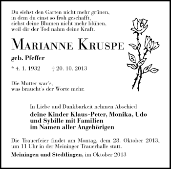 Traueranzeige von Marianne Kruspe von Südthüringer Presse