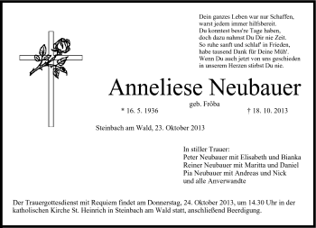 Traueranzeige von Anneliese Neubauer von Neue Presse Coburg