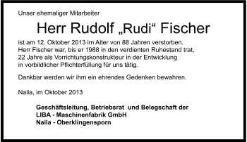 Traueranzeige von Rudolf Fischer von Frankenpost