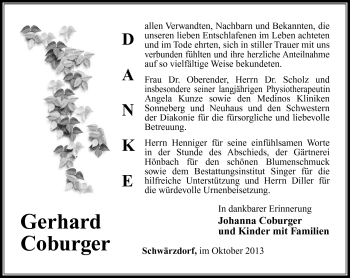 Traueranzeige von Gerhard Coburger von Südthüringer Presse