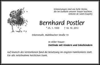 Traueranzeige von Bernhard Postler von Frankenpost