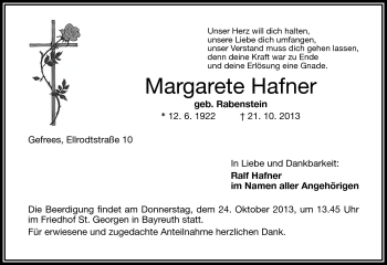 Traueranzeige von Margarete Hafner von Frankenpost