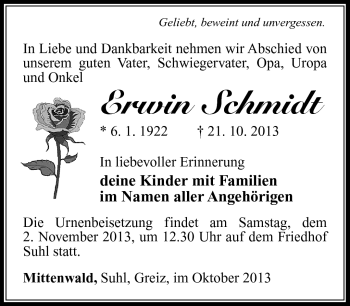 Traueranzeige von Erwin Schmidt von Südthüringer Presse