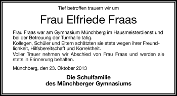 Traueranzeige von Elfriede Fraas von Frankenpost
