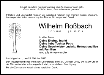 Traueranzeige von Wilhelm Roßbach von Neue Presse Coburg