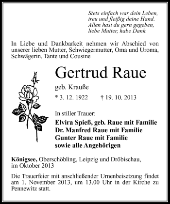 Traueranzeige von Gertrud Raue von Südthüringer Presse