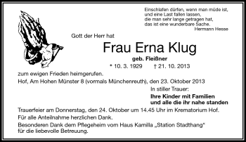 Traueranzeige von Erna Klug von Frankenpost