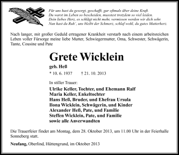 Traueranzeige von Grete Wicklein von Südthüringer Presse