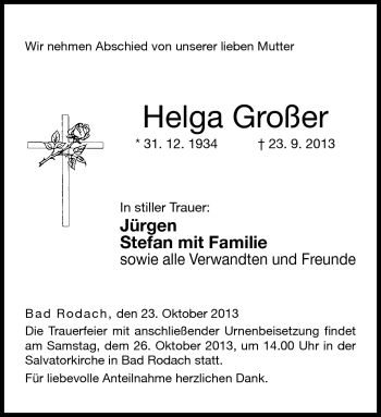 Traueranzeige von Helga Großer von Neue Presse Coburg