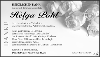 Traueranzeige von Helga Pohl von Südthüringer Presse