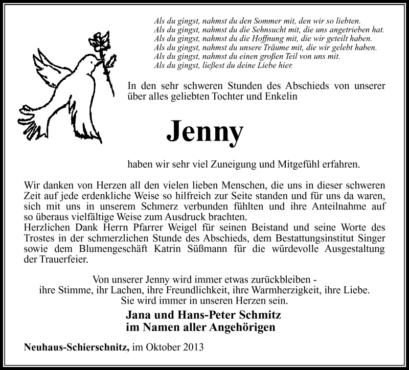  Traueranzeige für Jennifer Schmitz vom 26.10.2013 aus Südthüringer Presse